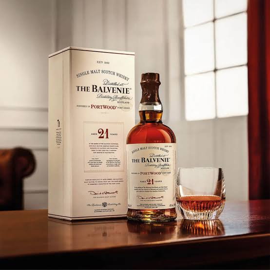 A bottle of The Balvenie 21 Year Old Portwood Single Malt Scotch Whiskey